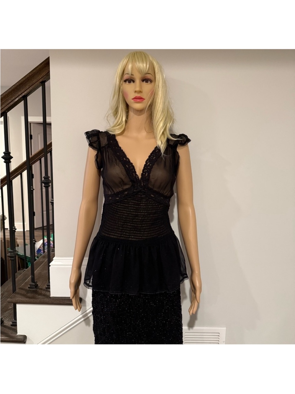 Betsey Johnson Chic Black Sheer with cap sleeve blouse